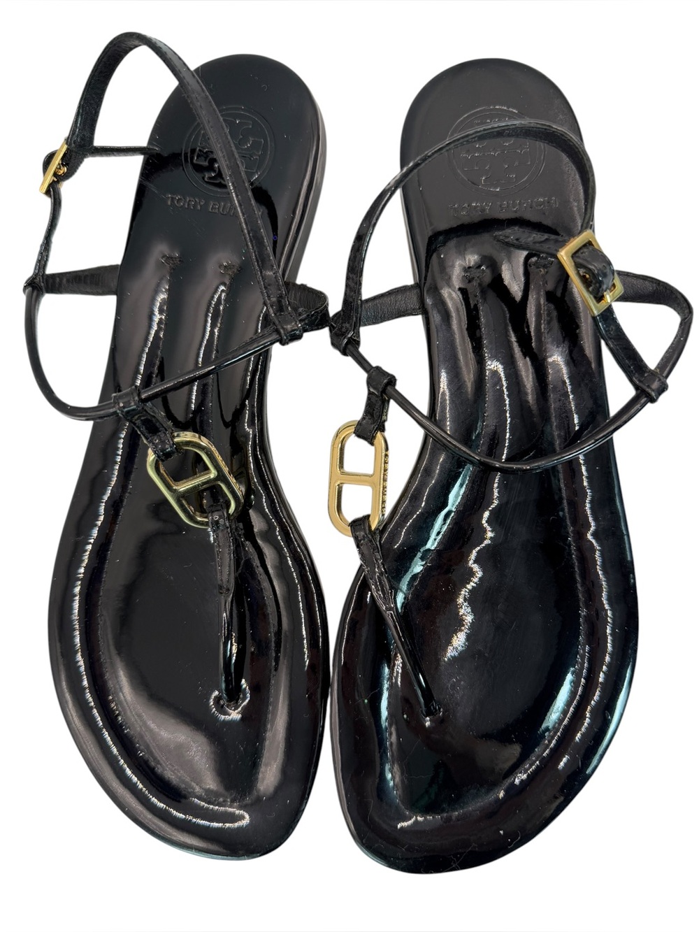 Tory Burch Black Patent Leather Gold Logo Strappy Thong Sandals Size 9.5
